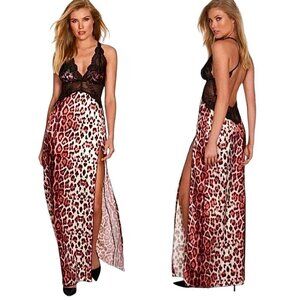 NWT Fredericks of Hollywood Satin Maxi Gown Sz.S Leopard Print Black Lace Sheer